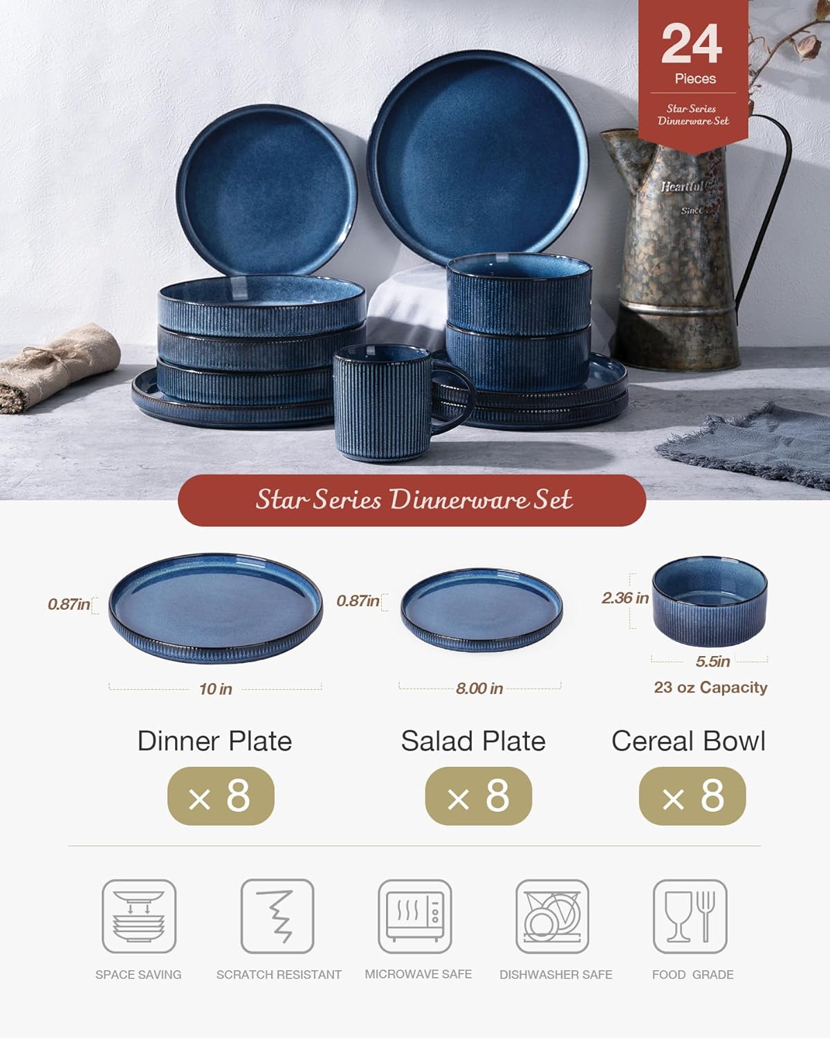 Famiware Star Plates and Bowls Sets, Modern Stoneware Dinnerware Sets for 8, 24-Piece Kitchen Dish Set - Microwave and Dishwasher Safe, Chip and Scratch Resistant, Nebulas Blue