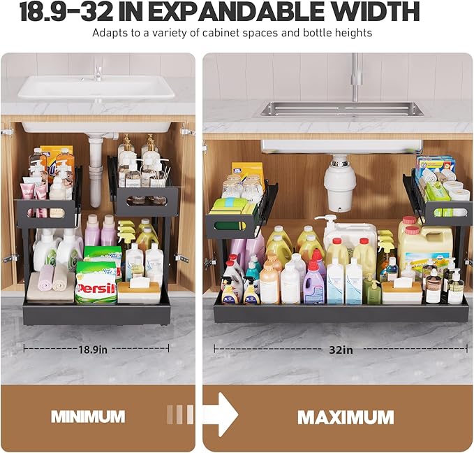 1 Pack-19"-32"W Expandable Under Sink Organizer With Upgrade Ball-Bearing Slide,2-Tier Pull Out Under Cabinet Organizer Height Adjustable,Not Suitable For Cabinets With Partitions In The Middle