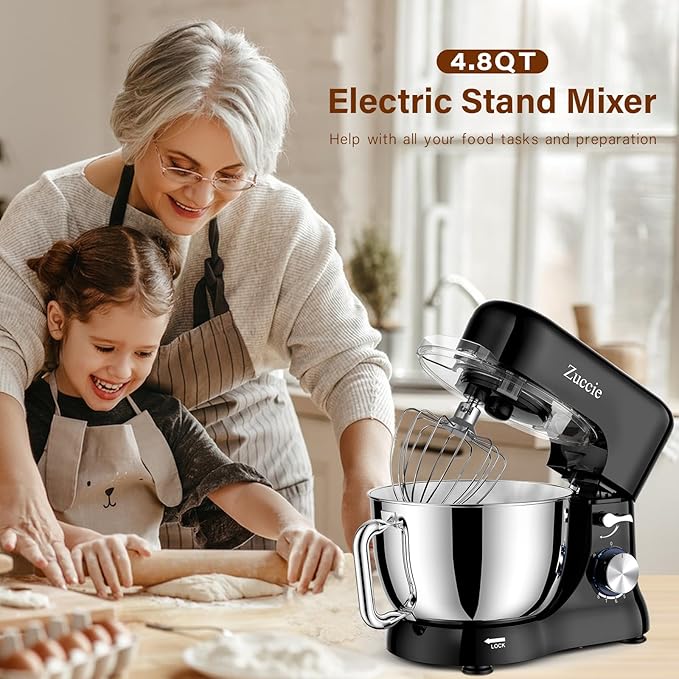 Stand Mixer, Zuccie 4.8QT Kitchen Electric Stand Mixer, 380W Motor Power Food Mixer, 8+P-Speed Dough Mixer with Dough Hook, Wire Whip & Beater, Black