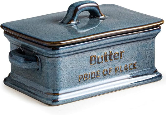 Butter Dish with Lid, Porcelain Butter Dish for Countertop Large Butter Keeper Butter Holder Container for East West Coast Butter, Blue