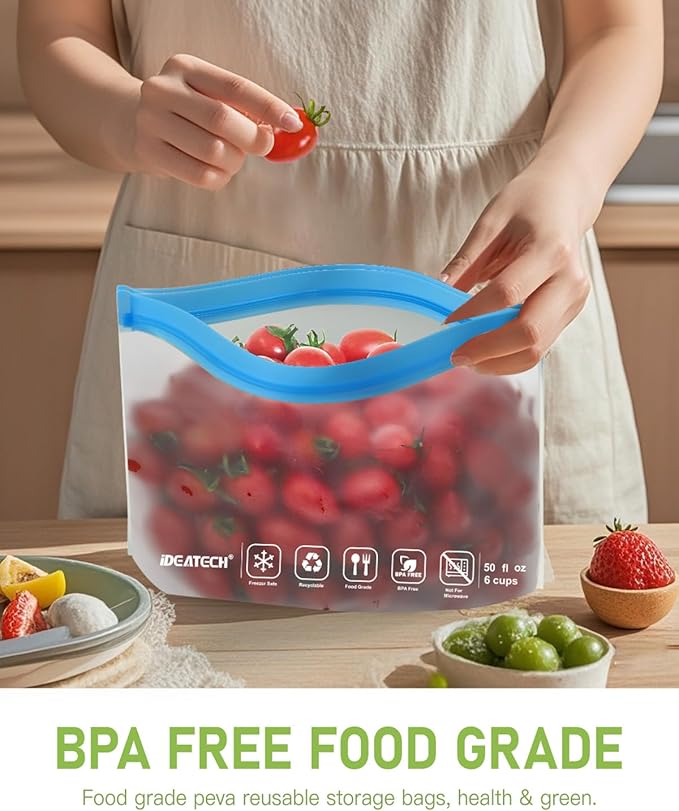 IDEATECH 12Pack Food Storage Bags Dishwasher Safe, BPA Free Gallon Freezer Bags, Reusable Snack Bags, Leakproof BPA Free Reusable Baggies for Lunch,Travel(2Gallon 4Quart 4Snack, Grey)