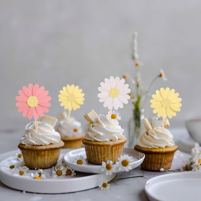 24Pcs Daisy Cupcake Toppers Glitter Flower Daisy Cake Decorations Chrysanthemum Cupcake Toppers Spring Daisy Flower Cake Picks for Birthday Wedding Supplies Multi 2