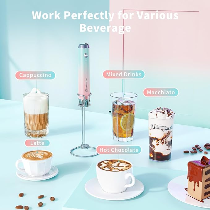 Maestri House Rechargeable Milk Frother with Stand, LunaFro Handheld Electric Foam Maker Waterproof Detachable Stainless Steel Whisk Drink Mixer Foamer for Lattes, Cappuccino