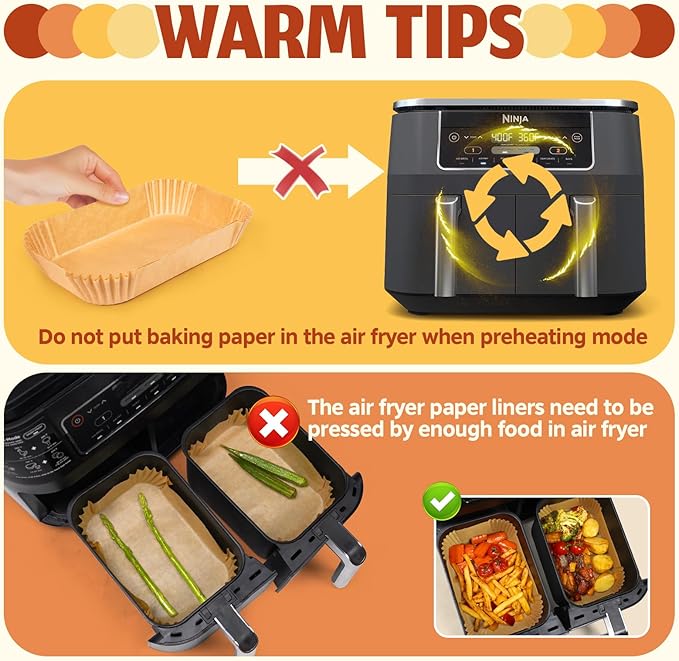 Air Fryer Liners Disposable, Airfryer Paper Liners, 125Pcs Non-stick Oil Resistant Air Fryer Liners Square, Parchment Liners 8.6" * 5.5", Fit for Most Ninja Dual Airfryer, Microwaves, Ovens