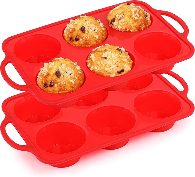 2 Pcs Jumbo Muffin Pan with Metal Frame, Nonstick 6 Cup Extra Large Cupcake Pan for Baking, Silicone Deep Muffin Tray for Egg Bites (Red)