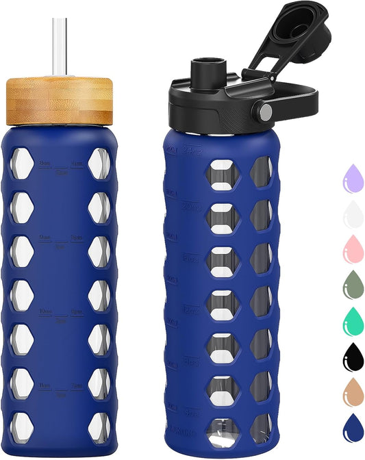 MUKOKO Glass Water Bottles, 24oz Glass Tumbler with Straw, Drinking Bottles with 2 Lids-Handle Spout Lid&Bamboo Straw Lid, Motivational Water Bottle with Time Marker and Silicone Sleeve, 1 Pack-Blue