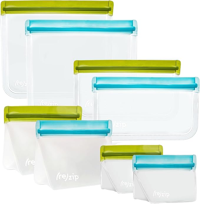 (re) zip 8-Piece Deluxe Bundle Reusable Storage Bags | BPA-Free, Food Grade, Leakproof, Freezer and Dishwasher Safe (Green, Aqua)