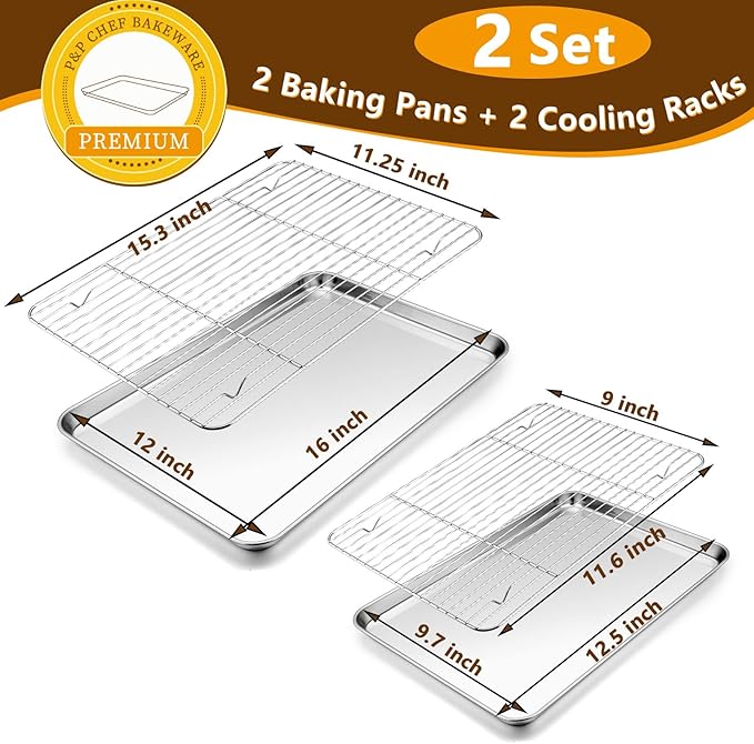 P&P CHEF 16 + 12.5 Inch Stainless Steel Baking Sheet with Rack Set (2 Pans+ 2 Racks), Cookie Sheets Baking Trays and Cooling Wire Racks, Oven & Dishwasher Safe, Pans with Flat Racks