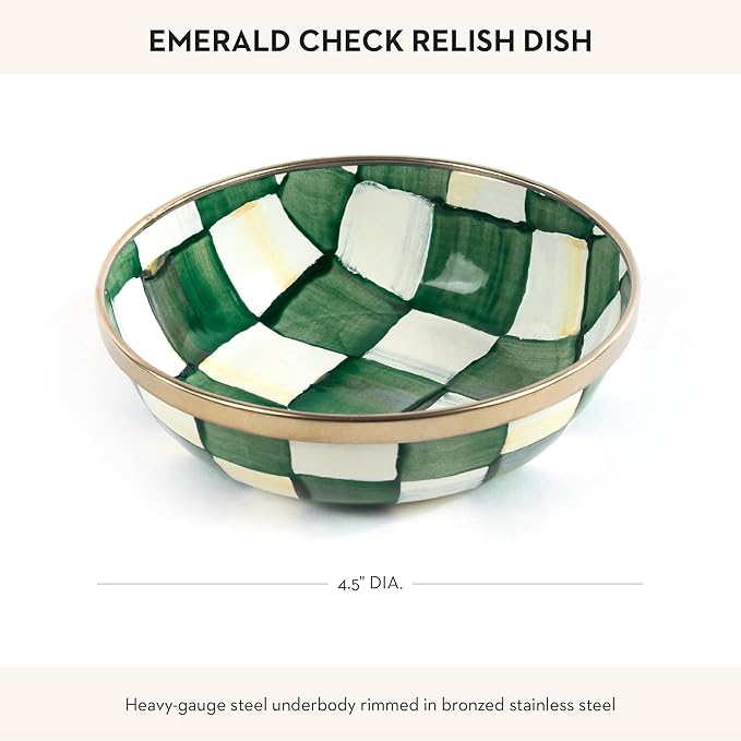 MACKENZIE-CHILDS Enamel Relish Dish, Small Serving Bowl for Entertaining, Green-and-White Emerald Check