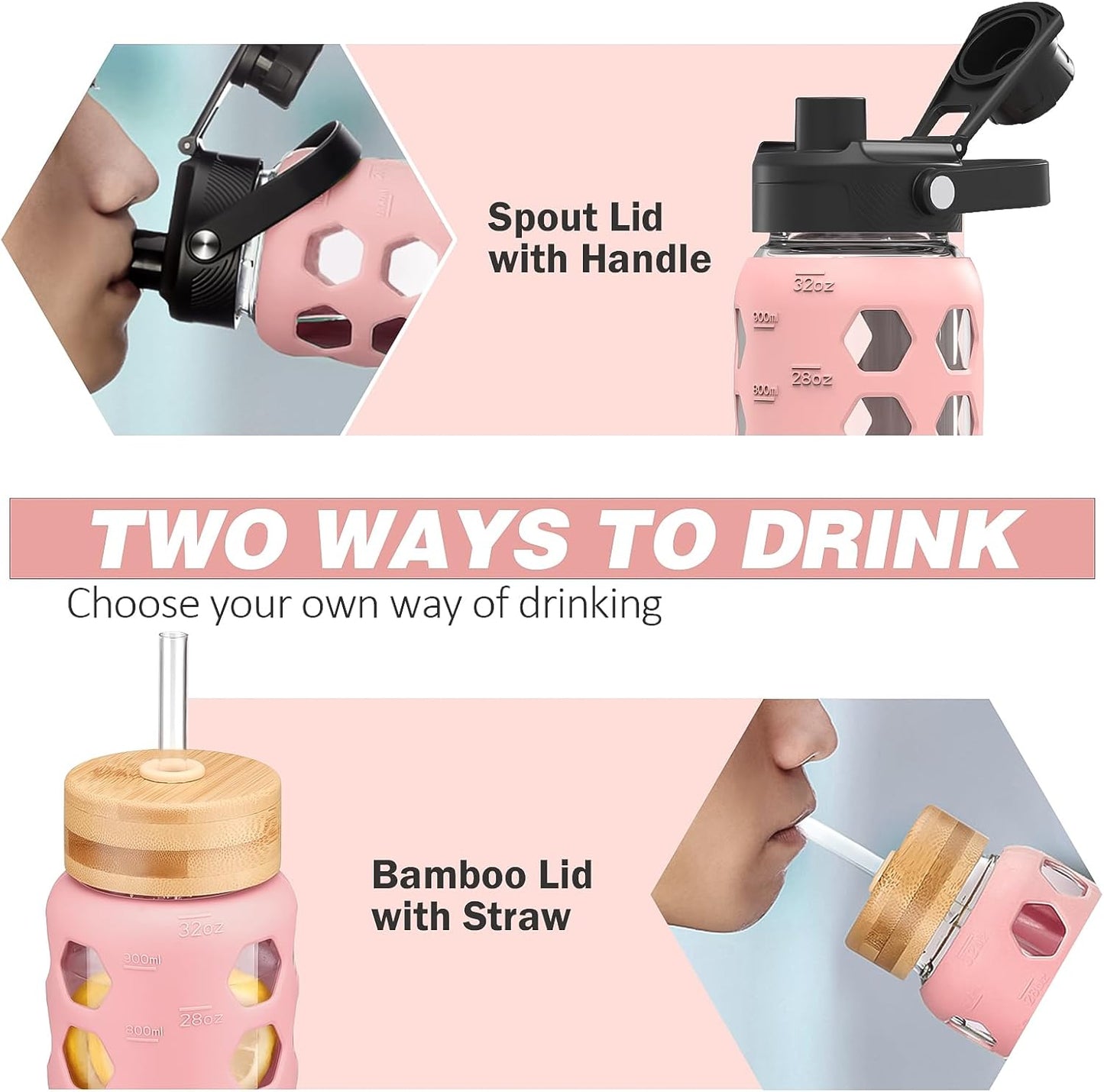 MUKOKO Glass Water Bottles, 32oz Glass Tumbler with Straw, Drinking Bottles with 2 Lids-Handle Spout Lid&Bamboo Straw Lid, Motivational Water Bottle with Time Marker and Silicone Sleeve, 1 Pack-Pink
