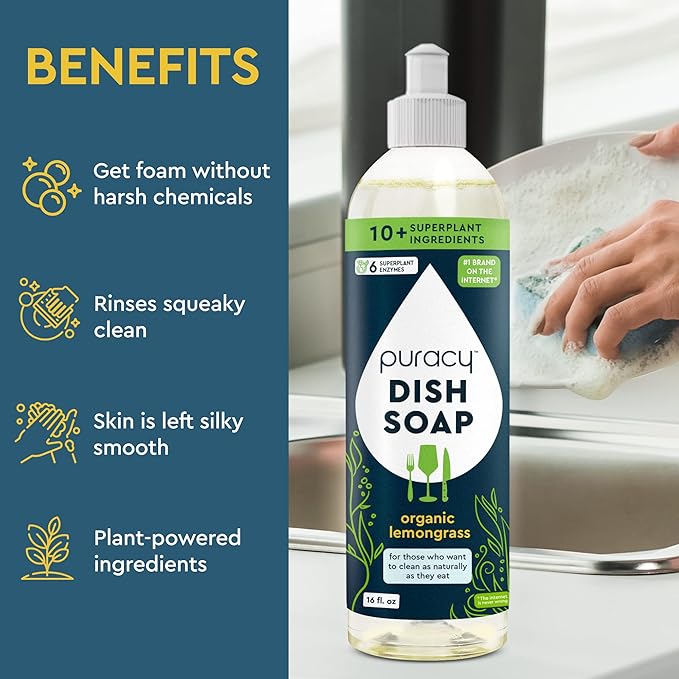 Puracy Natural Dish Soap Packs - Skin-Softening Plant-Based Dishwashing Soap, Non-Toxic Dish Soap, Organic Liquid Dishwashing Detergent Soap (Organic Lemongrass, 16 fl oz, 3 Pack)