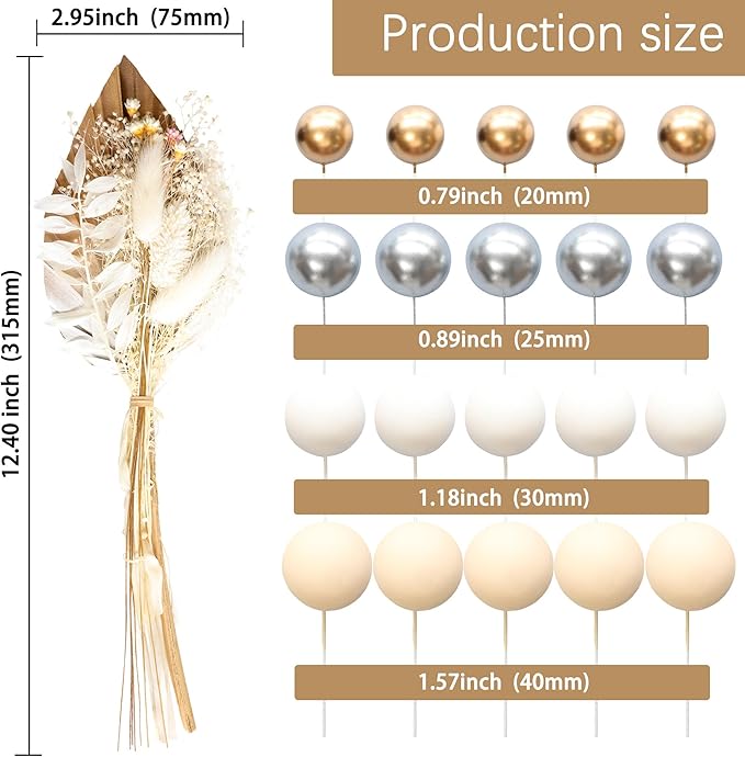 Gyufise 21 Pack Flower Boho Cake Topper Ball Cake Decorations Palm Leaves Plants Cake Decor for Girl Bohemian Princess Theme Wedding Baby Shower Birthday Party Supplies Gold White Khaki