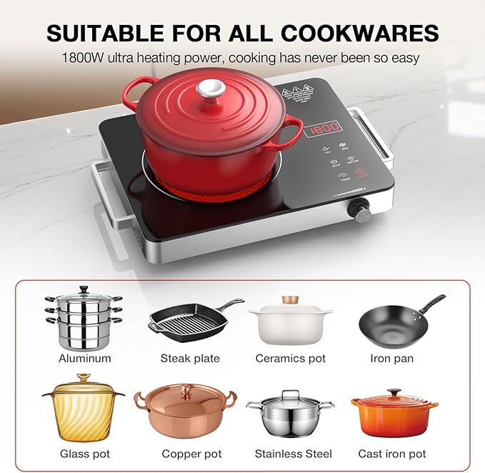 Electric Cooktop,Portable Electric Cooktop 1800W Single Burner Stove with Plug,Hot Plate Countertop,110V-120V Infrared Burner,Child Safety Lock,Timer,Touch and Knob Control