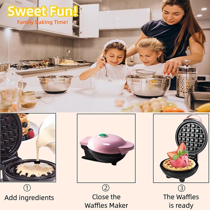 3 in 1 Mini Waffle Maker with Removable Plates-Waffles,Donuts,Pancakes all in Multimaker -Nonstick Surface for Easy Cleaning - Great Holiday Gift(Pink)