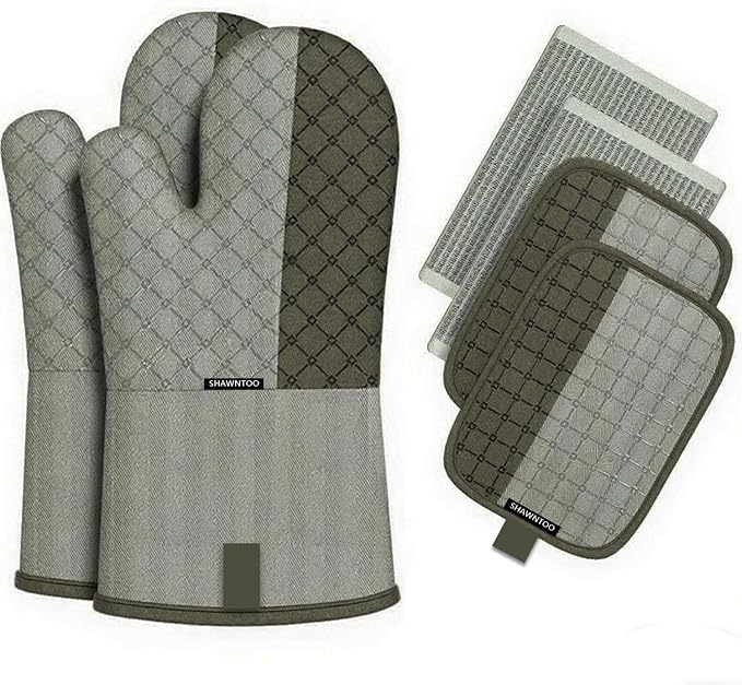 Oven Mitts and Pot Holders Sets 6pcs, Kitchen Oven Glove,High Heat Resistant 550 Degree Extra Long Oven Mitts and Potholders with Non-Slip Silicone Surface for Home Essentials (Grey) (Cream Green)