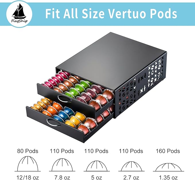 Flagship Vertuo Pod Holder Coffee Storage for Nespresso Organizer - Large Capacity 2 Tier Drawer Fits All Size Vertuo Pods