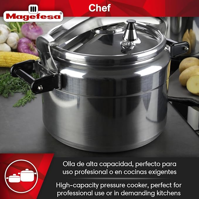 MAGEFESA Chef 16-Quart Aluminum Pressure Cooker – Stainless Steel Lid, Thermodiffusion Base, 3 Safety Systems, Fast & Even Cooking
