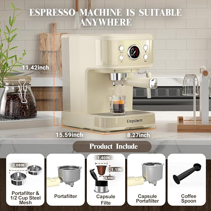 Espresso Machine 20 Bar, 2 in 1 Espresso Maker with Milk Frother Steam Wand for Latte and Cappuccino, Powder and Capsule Portafilter, 50oz Removable Water Tank Coffee Machine for Home-White