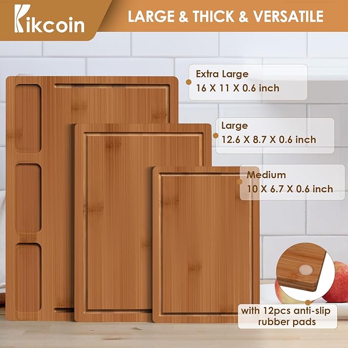 Kikcoin Bamboo Cutting Boards for Kitchen, (Set of 3) Kitchen Chopping Board with 3 Built-In Compartments and Juice Groove Heavy Duty Serving Tray Wood Butcher Block and Wooden Carving Board, Brown