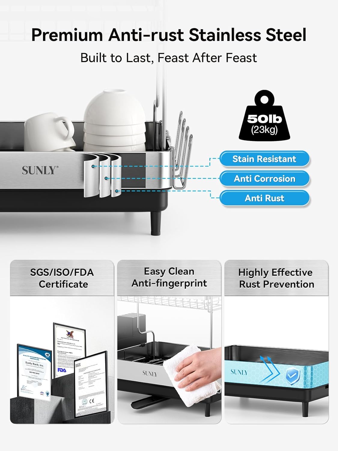 SUNLY 2 Tier Dish Drying Rack, Extra Large Dish Rack, Expandable Dish Racks for Kitchen Counter, Multifunctional Large Dish Drainers for Kitchen Counter, Black