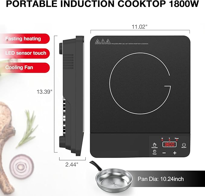 Portable Induction Cooktop 1800W,110V Single Burner Induction Burner & Fry Pan, Hot Plate Stove Electric Burner LED Touch Control & 4H Timer, 8 Power 8 Temperature Setting for Cooking