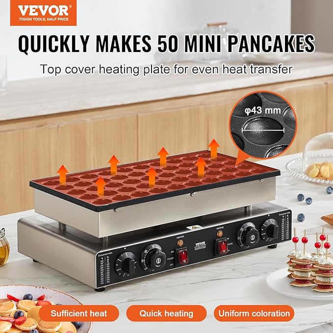 VEVOR 110V Mini Dutch Pancake Baker, 50PCS 1700W Commercial Electric Nonstick Waffle Maker Machine, 1.8 Inches Pancake Maker with 2 Thermostats & 2 Timers Separate Control, for Home and Restaurants