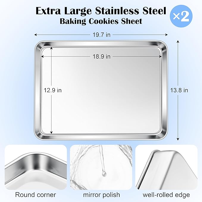 E-far Large Baking Sheets, 20”x14” Stainless Steel Cookie Sheet Pans for Oven, Non Toxic Big Metal Baking Trays for Cake Cookies, Healthy & Rust Free, Mirror Finish & Dishwasher Safe, 2 Pack