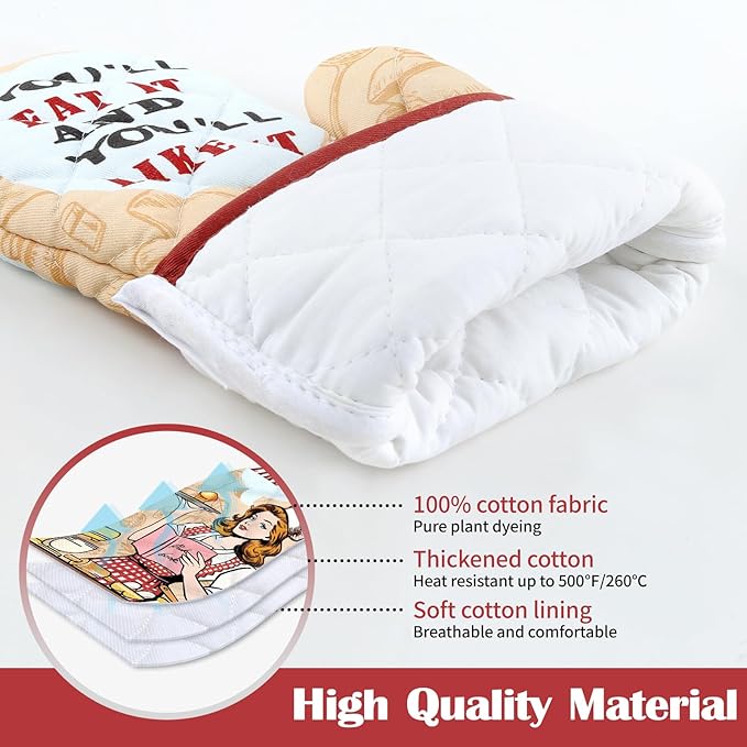 Retro Housewife Oven Mitts and Pot Holders Sets 4Pcs, 100% Cotton Heat Resistant, Extra Long Oven Gloves Potholder for Kitchen Cooking Baking Decoration