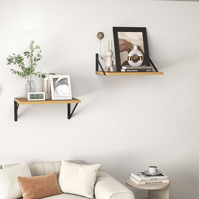 Heimlove 12 Inch Deep Floating Shelves for Wall, 16W x 12D Wood Wall Shelves Set of 2, Rustic Oak Wide Floating Bookshelf for Living Room, Kitchen, Office, Bedroom, with Black Metal Bracke - Oak