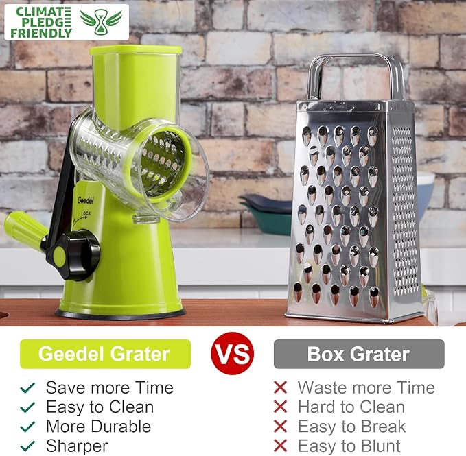 Geedel Rotary Cheese Grater, Kitchen Mandoline Vegetable Slicer with 3 Interchangeable Blades, Easy to Clean Rotary Grater Slicer for Fruit, Vegetables, Nuts