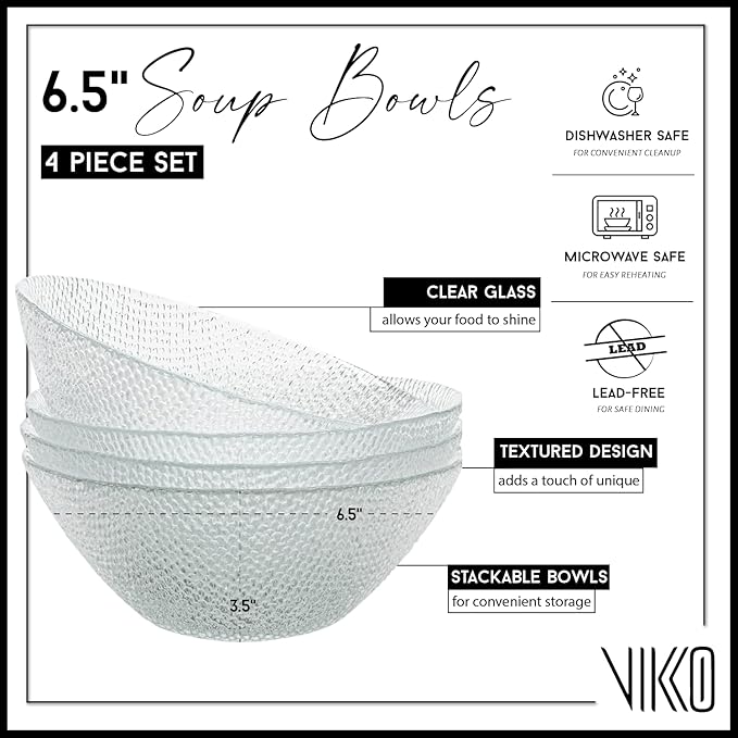 Vikko Elegant Textured Glass Salad Bowls, Set of 4, 6.5 Inch, Stackable, Dishwasher Safe
