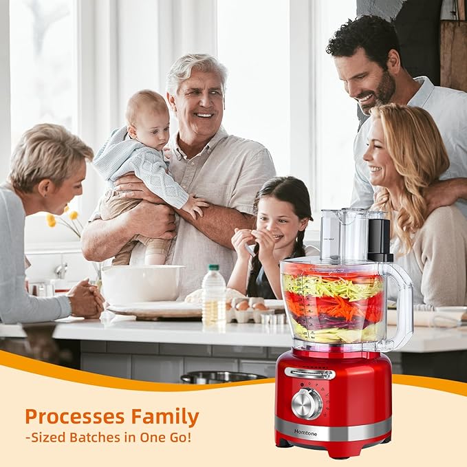 Homtone 16 Cup Food Processor, 6 Preset Modes& Stepless Speed Control for Dough Kneading, Meat Chopping, Slicing, Shredding, French Fries Potato Cuting, Cheese Grating& Whipping Cream, 650W, Red