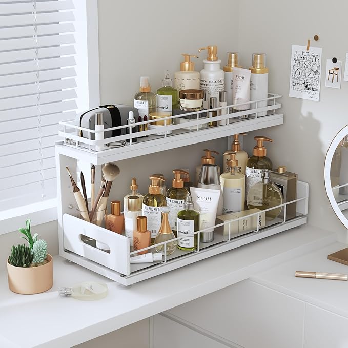 2 Pack 18 IN Depth Under Sink Organizer with Smooth Ball Bearing Slides,2-Tier Pull Out Cabinet Storage,Slide Out Drawers for Bathroom&Kitchen,Rust-resistant Coating,Height Adjustable-White