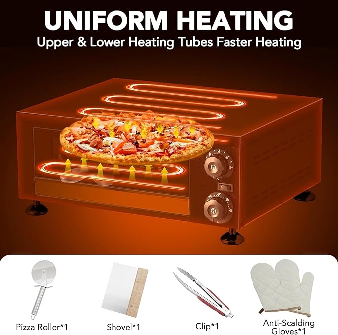 12" Electric Pizza Oven Commercial Pizza Maker with Observation Window Countertop Pizza Machine 1100w With Timer, Stainless Steel Pizza Cooker,Indoor Countertop Pizza Oven