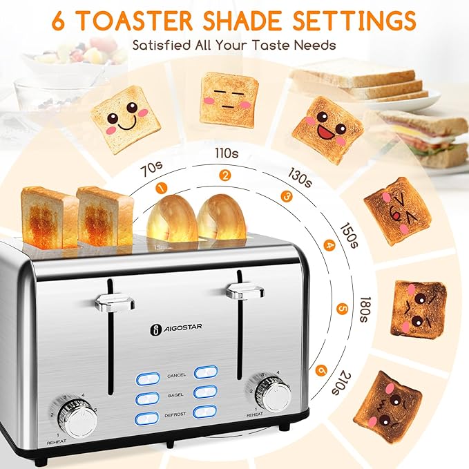 Aigostar Toaster 4 Slice 1.6" Wide Slot Stainless Steel Toasters with Bagel, Reheat, Cancel, Defrost Function, 6 Shade Settings, Removable Crumb Tray, 1550W, Best Rated Prime 4 Slice Toasters