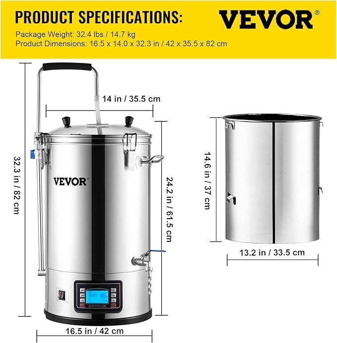 VEVOR Electric Brewing System, 9.2 Gal/35 L Brewing Pot, All-in-One Home Beer Brewer w/Pump, Mash Boil Device w/Panel, Auto/Manual Mode 100-1800W Power 25-100℃ Temp 1-180 min Timer Recipe Memory