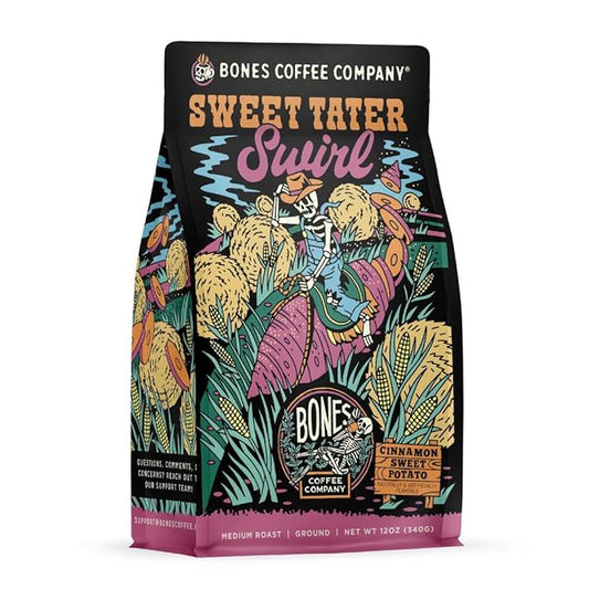 Bones Coffee Company Sweet Tater Swirl, Cinnamon Sweet Potato Flavored Coffee, Medium Roast Low Acid Arabica Beans Compatible with Auto drip and French Press Coffee Maker, 12 Oz Ground