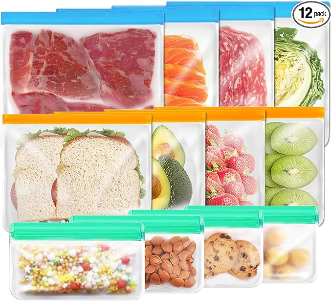 12 Pack Reusable Food Storage Bags Dishwasher Safe, Silicone Extra Thick Leak-proof Reusable Freezer Bags for Candy, Snack, Cereal, Travel Items, Home Organization