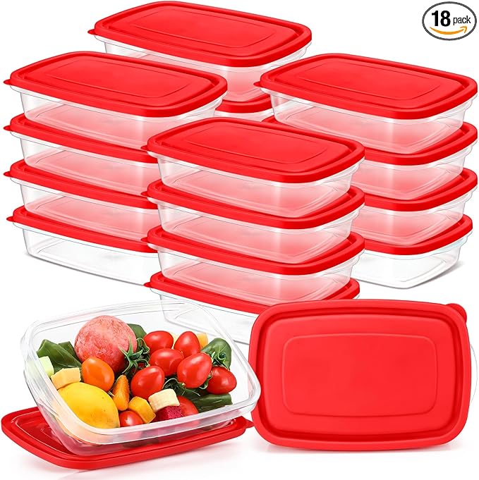 18 Pcs 33 Oz/ 4 Cups Plastic Food Storage Containers with Lids Portion Box Sets with Cover Stackable Plastic Containers with Lids Microwave Freezer Dishwasher Safe (Red)