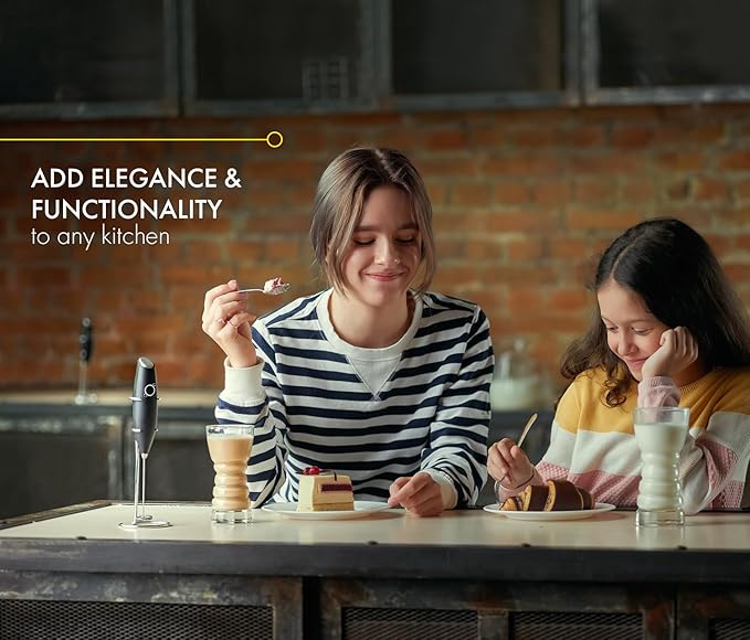 Handheld Milk Frother for Coffee - Stainless Steel Electric Drink Mixer & Matcha Whisk - Ergonomic Hand Frother With Stand & Recipes (Black)