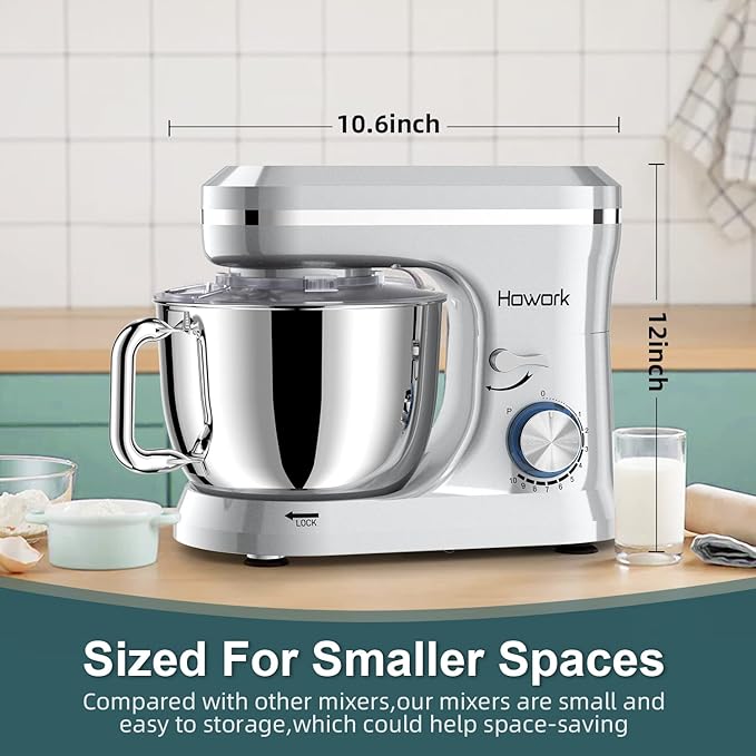 HOWORK Electric Stand Mixer,10+p Speeds With 6.5QT Stainless Steel Bowl,Dough Hook, Wire Whip & Beater,for Most Home Cooks,Silver