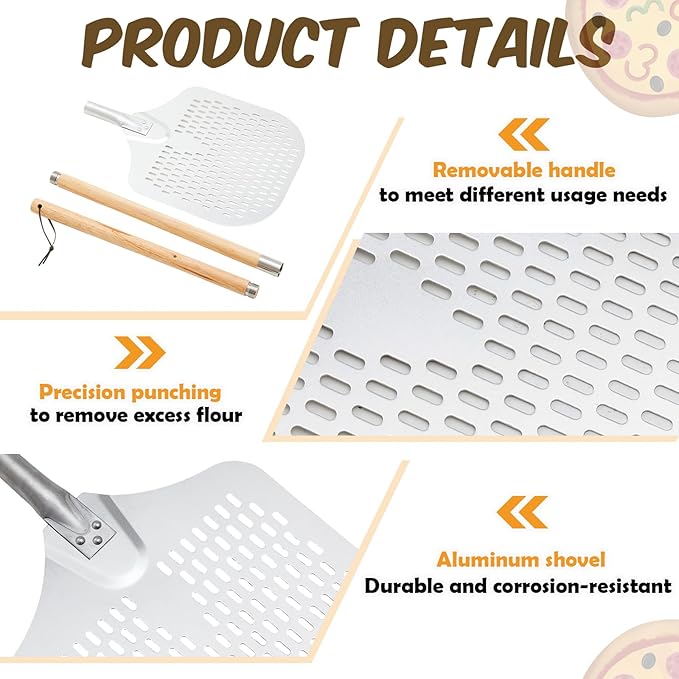 Maxdot 2 Pcs Perforated Pizza Peel 12 x 14 Inch Aluminum Pizza Spatula with Detachable Wood 52-inch Long Extendable Handle for Baking Homemade Pie Bread