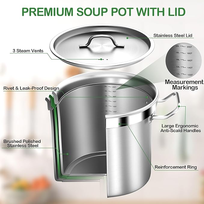 20 Quart Soup Pot with Lid – Stainless Steel Stock Pot, Heavy Duty Cooking Pot for Soup, Pasta, Stew – Induction & Oven Safe, Commercial & Home Use