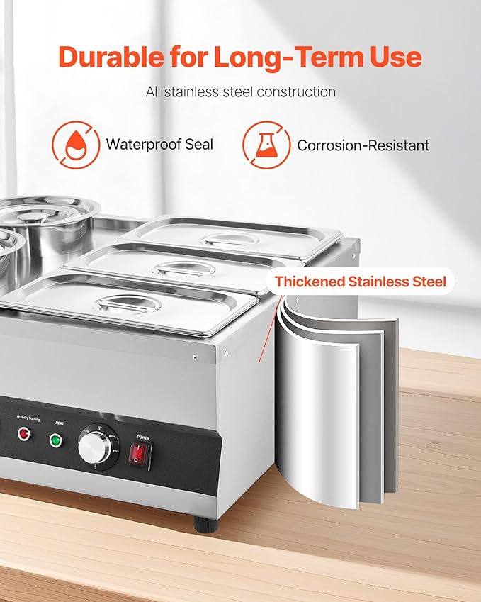 VEVOR Electric Soup Warmer, Two 6.34QT Pots & Three 1/3 Pans, Stainless Steel Commercial Food Warmer with 86~185°F Adjustable Temp, 1500W Bain Marie, Soup Station for Restaurant, Buffet