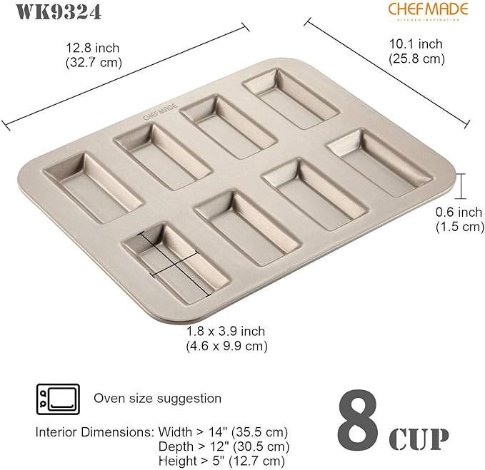 CHEFMADE Financier Cake Pan, 8-Cavity Non-Stick Rectangle Muffin Pan Biscuits Cookies Bakeware for Oven Baking (Champagne Gold)
