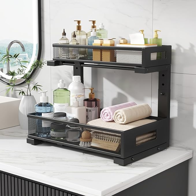 2-Pack Under Sink Storage Organizer, Large 2-Tier Elegant Mesh Pull Out Shelf for Kitchen and Bathroom Cabinet Organization, L-Shaped and Adjustable Height Design,Patent Pending-Black