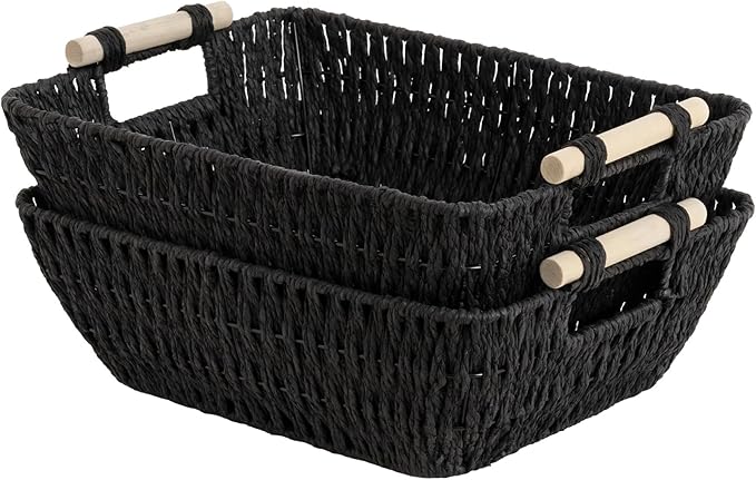 StorageWorks Large Wicker Storage Basket for Organizing with Wooden Handles, Toilet Paper Baskets for Bathroom, Black, 2-Pack