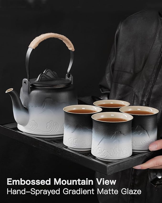ZENS Vintage Japanese Tea Set, 33.8 oz Gradient Embossed Ceramic Japanese Teapot with Built-in Strainer for Tea Steeper, Hemp Rope Handle Loose Leaf Tea Pot with 4 Cups for Tea Party, Black & White