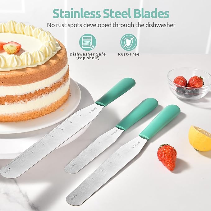 U-Taste Cake Icing Spatulas Set: Straight Decorating Frosting Knife with 6", 8", 10" Thinner Stainless Steel Blade, Flexible Smoothing Spreading Tools with Comfortable PP Handle for Cream (Aqua Sky)