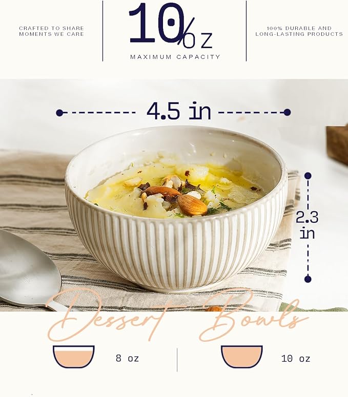 getstar Ceramic Bowl, Small Dessert Bowls Set of 4 with Assorted Embossment (4.5 inch & 10 oz), Farmhouse Vintage Color Bowls for Kitchen